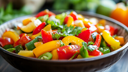 Colorful fresh vegetable salad prepared for World Vegetarian Day celebration in a cozy kitchen