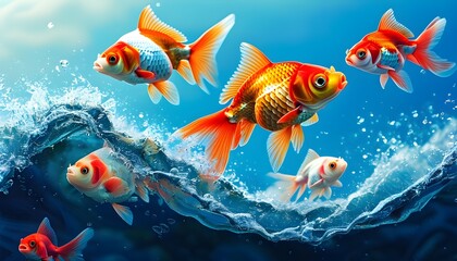 Vibrant fish swimming through flowing currency waves, symbolizing economic currents in a bright blue sky and lively ocean backdrop