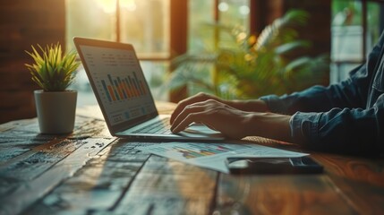 Wall Mural - Businessman working with financial charts and analysis data on an office desk, using a laptop computer and smartphone to help the company engaged in business planning or market research for operationa