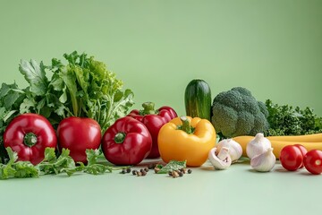 The template for designing with front angle on light green background. Fresh vegetables and fruits scattered placed on counter, empty space for product advertising and placement, ai