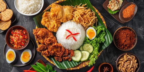 Canvas Print - Aerial Perspective of Rice Dish with Fried Chicken, Accompanied by Various Sides and Crackers