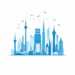 Wall Mural - Blue Skyline of Modern Chinese City with Birds Flying Overhead