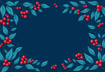 Wall Mural - Blue Background with Teal Leaves and Red Berries. 
