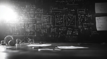Wall Mural - a desk with a microphone, headphones, and glasses in front of a chalkboard with math equations writt
