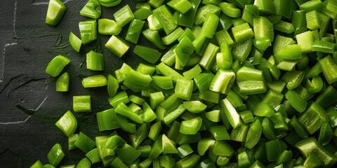 Canvas Print - Bird's-eye perspective of a mound of diced green bell peppers