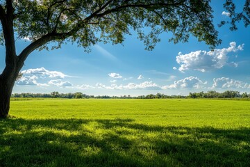 Wall Mural - Green grass field lawn with tree and blue sky Green Meadows Beautiful Journey Through Nature Great as a background, web banner , ai