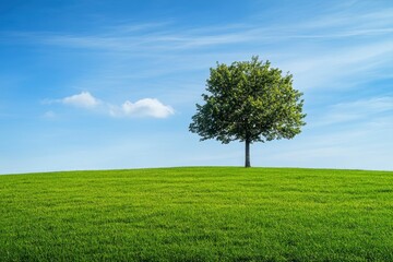 Wall Mural - Green grass field lawn with tree and blue sky Green Meadows Beautiful Journey Through Nature Great as a background, web banner , ai