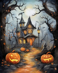 halloween party invitation card background with haunted house pumpkins jack-o-lanterns and bats watercolor style illustration orange black yellow lamps forest spooky autumn leaves seasonal vertical