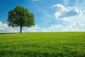 Wall Mural - Green grass field lawn with tree and blue sky Green Meadows Beautiful Journey Through Nature Great as a background, web banner , ai