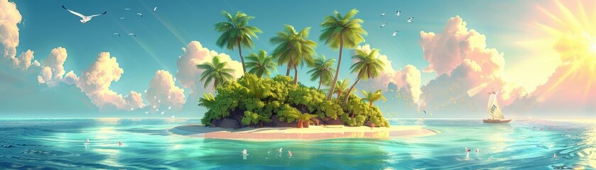 Wall Mural - A tropical island with palm trees and a boat in the water