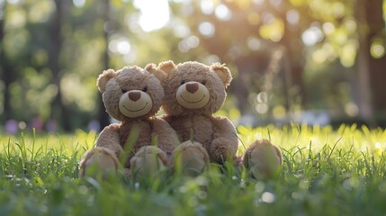 Smiling teddy bear best friends toy for kids adorable fluffy brown teddy bear happy in green park