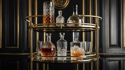 Chic modern bar cart with crystal decanters and luxury drinks