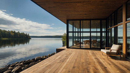 Wall Mural - Contemporary lakeside home with large windows and a wooden deck