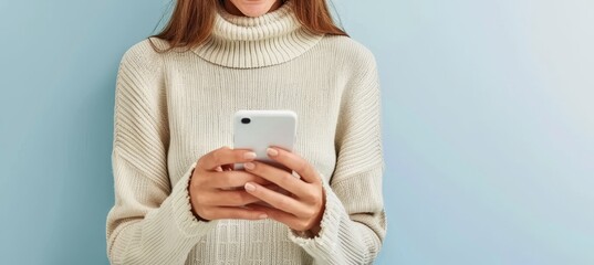 Smiling Woman Using Smartphone, Blue Background Social Media, Communication, Technology.