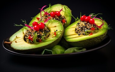 Stylishly presented stuffed avocados with fresh vegetables and colorful toppings on a black plate.