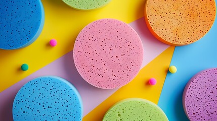 Spongy round flat items of different colours isolated on colorful background