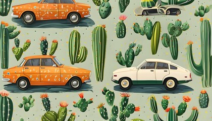 Wall Mural - Cactus and car design merging desert vibes with automotive flair