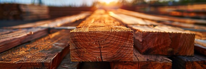 Golden Hour Glow on Stack of Lumber Construction, Building, and Natural Material Industry