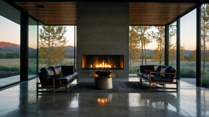 Wall Mural - Modern glass fireplace in a sleek living room with polished concrete floors