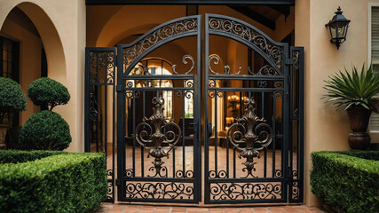 Ornate metal gate opening to a private courtyard in a luxury home