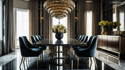 Wall Mural - Polished granite dining table with sleek metal chairs in a luxury dining room