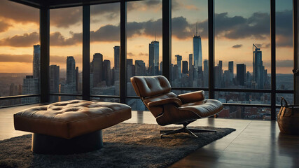 Wall Mural - Sleek leather ottoman beside a large window overlooking a city skyline