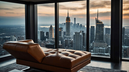 Sleek leather ottoman beside a large window overlooking a city skyline