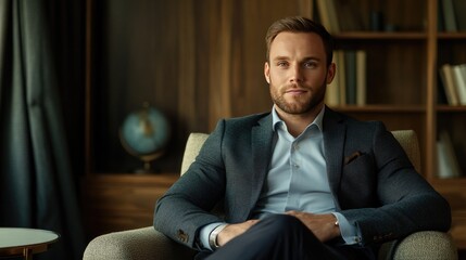 Handsome businessman in an elegant suit, sitting attentively during an interview in a stylish office with professional decor