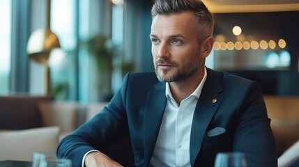 Handsome businessman in an elegant suit, thoughtfully responding to questions during an interview in a well-decorated meeting room --ar 16:9