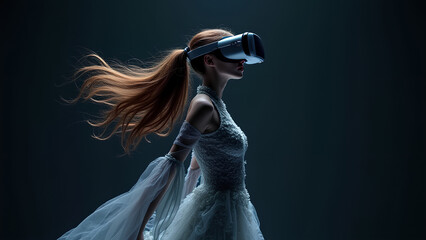 Wall Mural - Beautiful woman with flowing hair in futuristic dress over dark background Girl in glasses of virtual reality Augmented reality game future technology concept