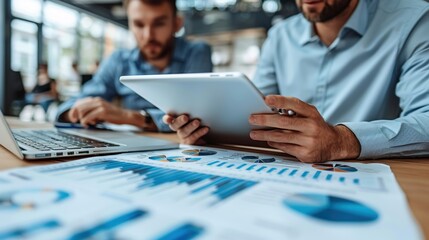 Wall Mural - Businessmen working together with a tablet and laptop, analyzing financial data and strategizing for business growth in an office room. The business team is using digital technology to discuss their m