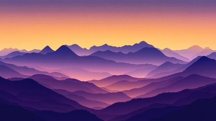 A beautiful vector landscape of mountains at sunset, with rich hues of purple and orange blending into the sky.