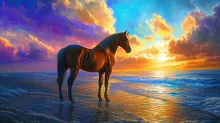 A beautiful brown horse standing on a windswept beach, with a colorful sunset of blues and oranges painting the sky above.