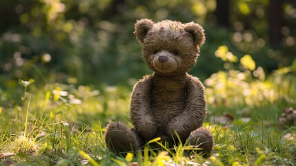 Wall Mural - Teddy bear made by natural mink sitting on a grass