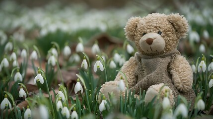 Wall Mural - teddy bear on sackcloth on a meadow of snowdrops