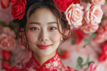 Wall Mural - A young Chinese woman, close-up photo of her head with a red background