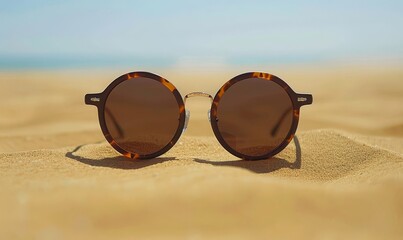 A minimalist setting of a pair of round, tortoiseshell sunglasses on a sandy beach