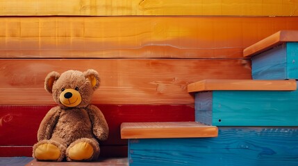 Wall Mural - Teddy bear sits on the wooden stairs isolated on colorful background