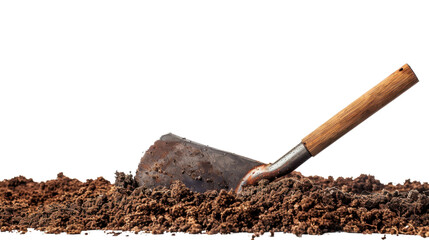 A garden spade is stuck in the ground on transparent background