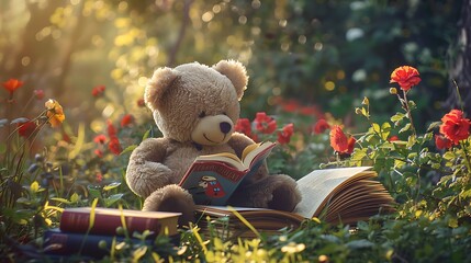 Wall Mural - Teddy bear with books in the garden