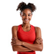 © The Stock Guy - Confident and smiling athletic woman in a red sports outfit, standing with arms crossed, isolated on transparent background