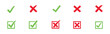 © Rajob - check mark icon button set. check box icon with right and wrong buttons and yes or no checkmark icons in green tick box and red cross vector.