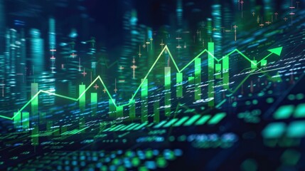 Digital illustration of stock market trading graph, finance, business with green arrow and uptrend chart.