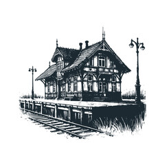 Sticker - The old train station. Black white vector logo illustration. Isolated on white background