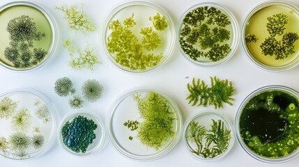 Wall Mural - Flat lay of different algae specimens in petri dishes, perfect for biotechnology and environmental research displays