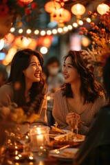 In the evening, two young women were having a dinner on the street