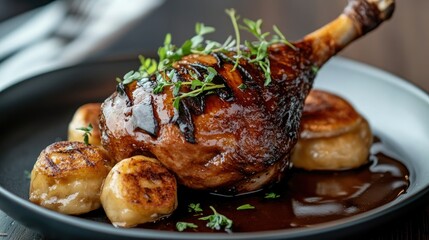 Wall Mural - A beautifully baked duck leg served with dumplings, garnished with fresh herbs and drizzled with a rich sauce. The textures are perfectly captured.