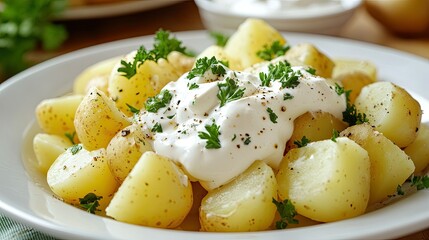 A comforting dish of boiled potatoes, generously topped with sour cream and garnished with fresh parsley, presented on a white plate.