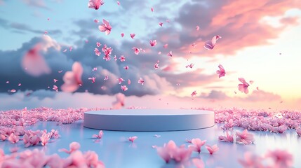 Sticker - A serene landscape with pink flowers and a podium under a beautiful sky, creating a tranquil setting for displays or showcases.