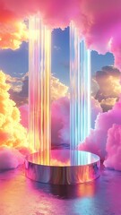 Sticker - A vibrant surreal landscape with colorful clouds and light beams emerging from a circular base, creating a dreamlike atmosphere.